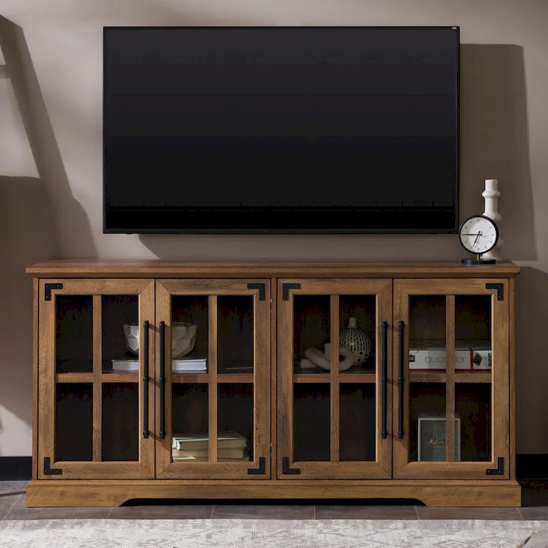 Mueble para televisor de roble rústico con puertas de vidrio tipo ventana
