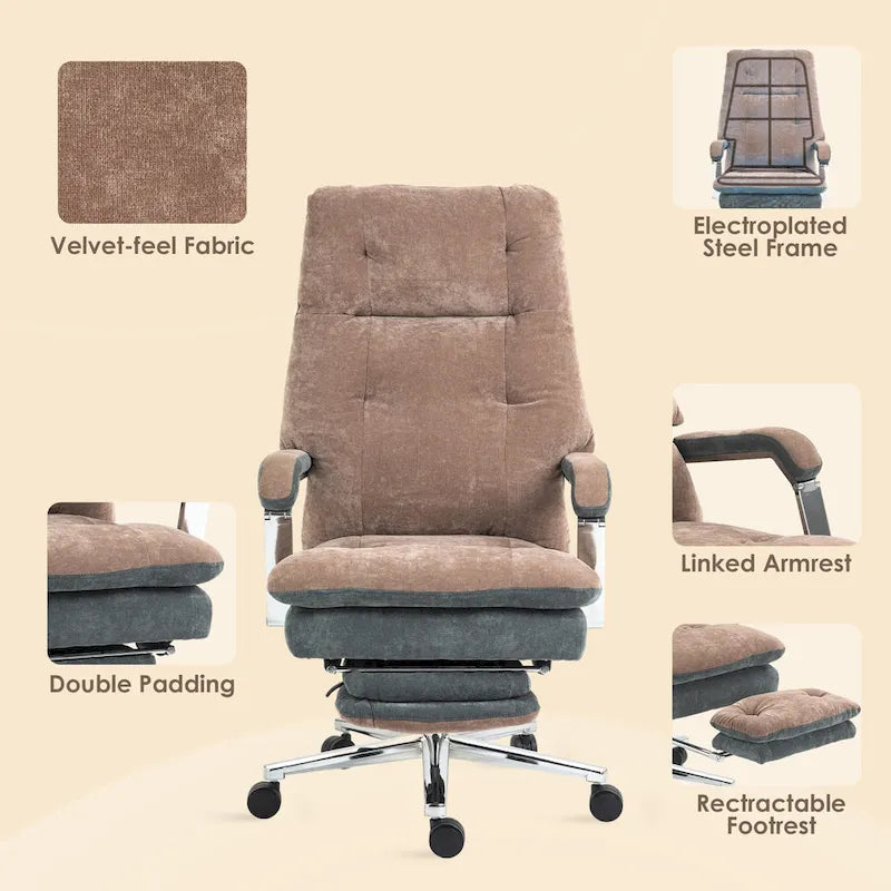 Silla de oficina reclinable de gran tamaño con tacto de terciopelo y reposapiés