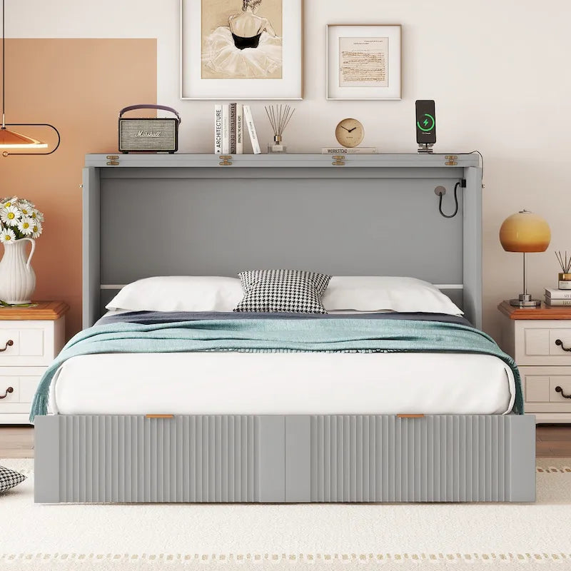 Cama plegable tamaño matrimonial tipo gabinete con almacenamiento y puertos USB