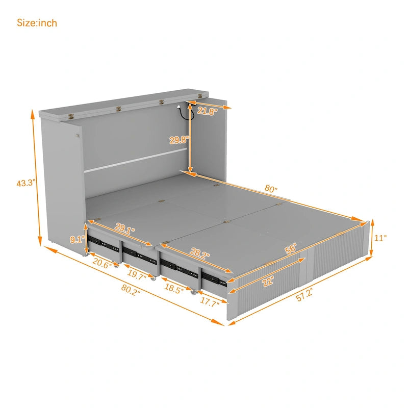 Cama plegable tamaño matrimonial tipo gabinete con almacenamiento y puertos USB