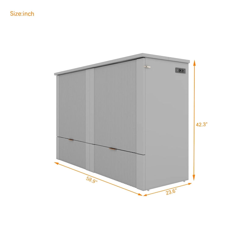 Cama plegable tamaño matrimonial tipo gabinete con almacenamiento y puertos USB