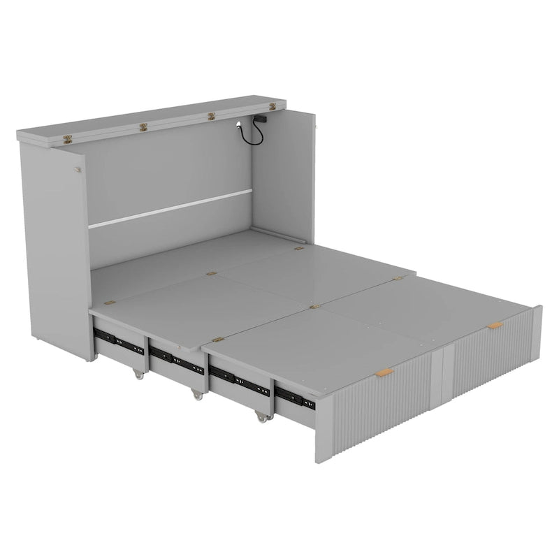Cama plegable tamaño matrimonial tipo gabinete con almacenamiento y puertos USB
