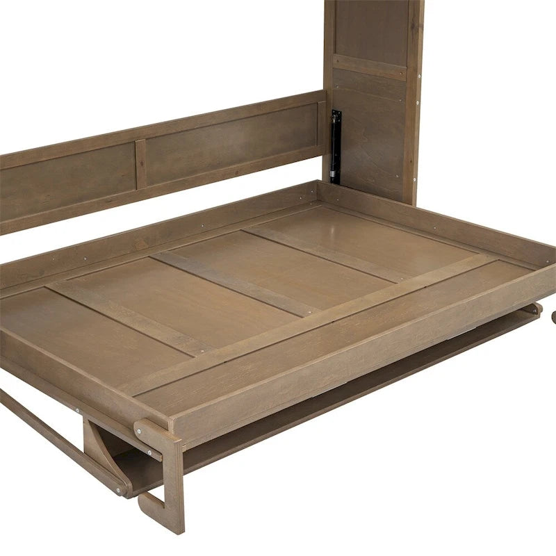 Cama plegable de tamaño completo con armario, cajones y estantes - Madera antigua