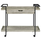 40 inch verrijdbare barwagen met twee niveaus en lade, grijs hout en zwart metaal