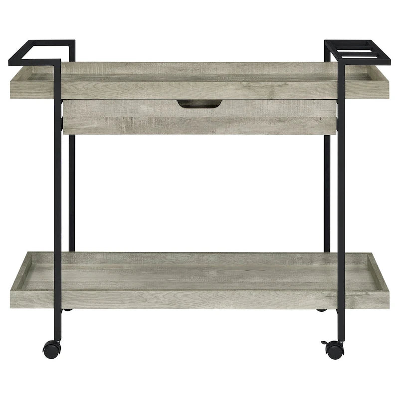 Carrito de bar rodante de dos niveles de 40 pulgadas con cajón, madera gris y metal negro