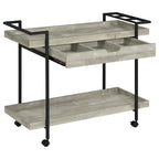 40 inch verrijdbare barwagen met twee niveaus en lade, grijs hout en zwart metaal