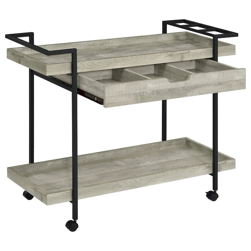 Carrito de bar rodante de dos niveles de 40 pulgadas con cajón, madera gris y metal negro