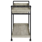 40 inch verrijdbare barwagen met twee niveaus en lade, grijs hout en zwart metaal