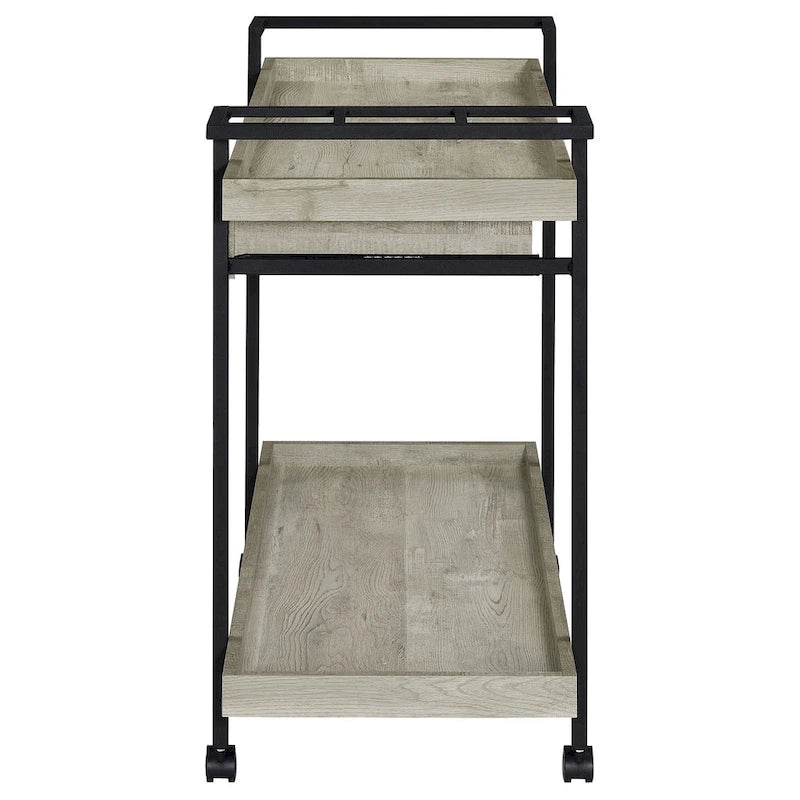 Carrito de bar rodante de dos niveles de 40 pulgadas con cajón, madera gris y metal negro