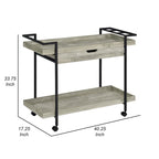 40 inch verrijdbare barwagen met twee niveaus en lade, grijs hout en zwart metaal