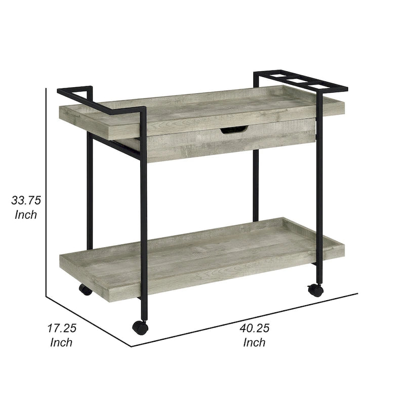 40 inch verrijdbare barwagen met twee niveaus en lade, grijs hout en zwart metaal