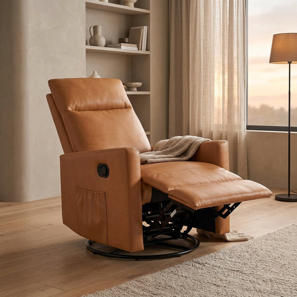 Modern Glider Rocker Chair Linen Upholstered Swivel Manual Recliner Chair High Back Single Sofa with Footrest