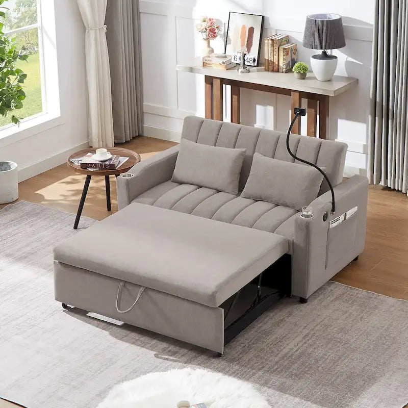 Sofá cama biplaza convertible con puertos USB y portavasos