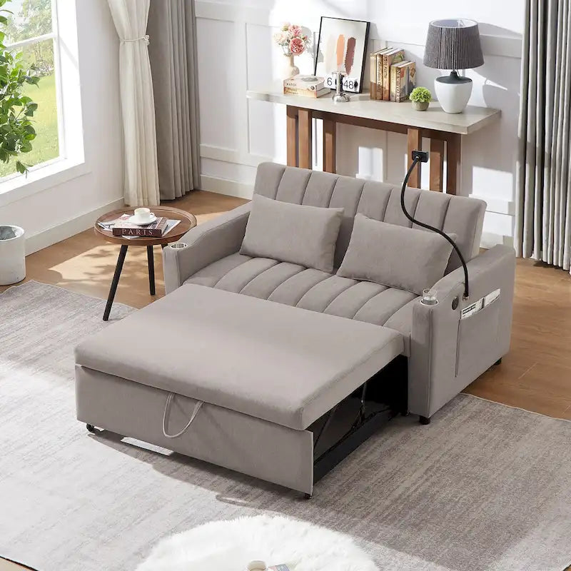 Convertible Loveseat Sofa Bed with USB Ports and Cup Holders