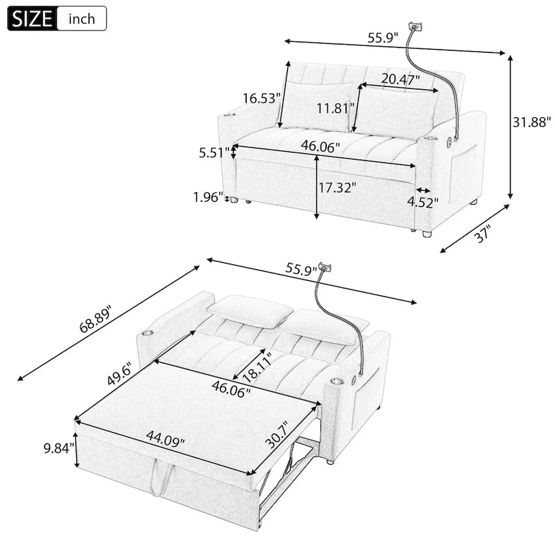 Sofá cama biplaza convertible con puertos USB y portavasos