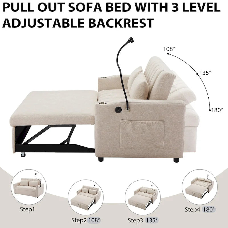 Convertible Loveseat Sofa Bed with USB Ports and Cup Holders