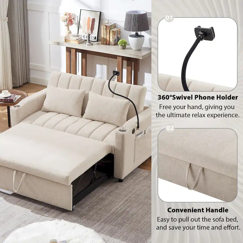 Convertible Loveseat Sofa Bed with USB Ports and Cup Holders