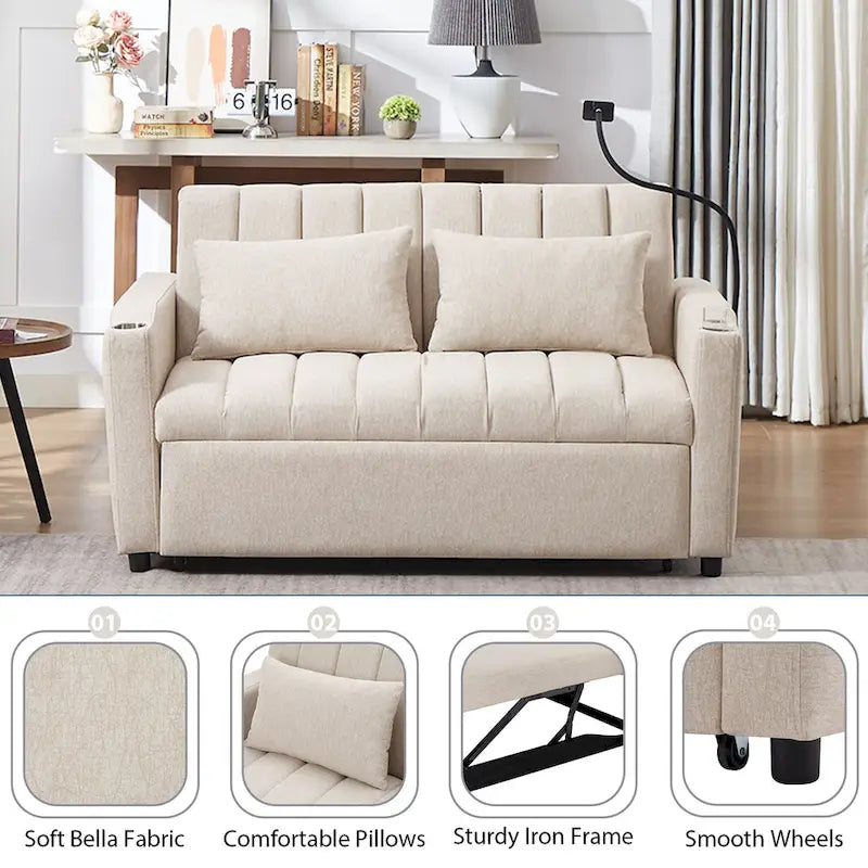 Convertible Loveseat Sofa Bed with USB Ports and Cup Holders