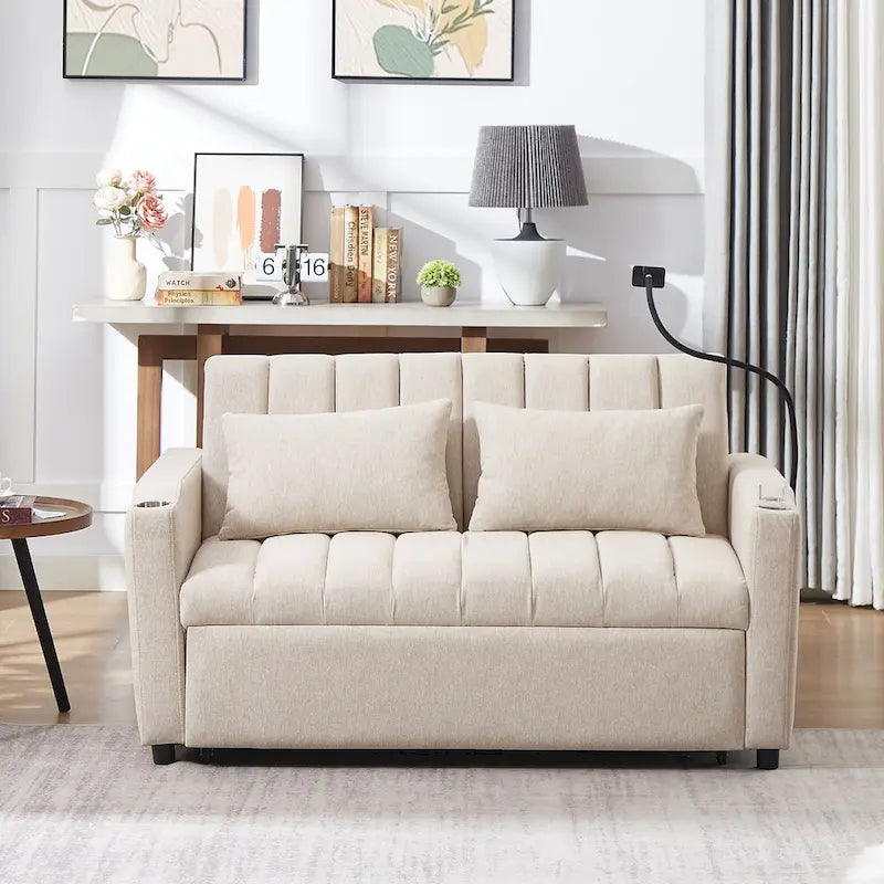 Convertible Loveseat Sofa Bed with USB Ports and Cup Holders