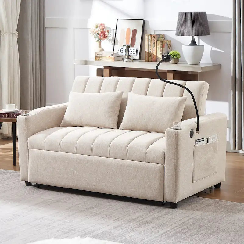 Convertible Loveseat Sofa Bed with USB Ports and Cup Holders