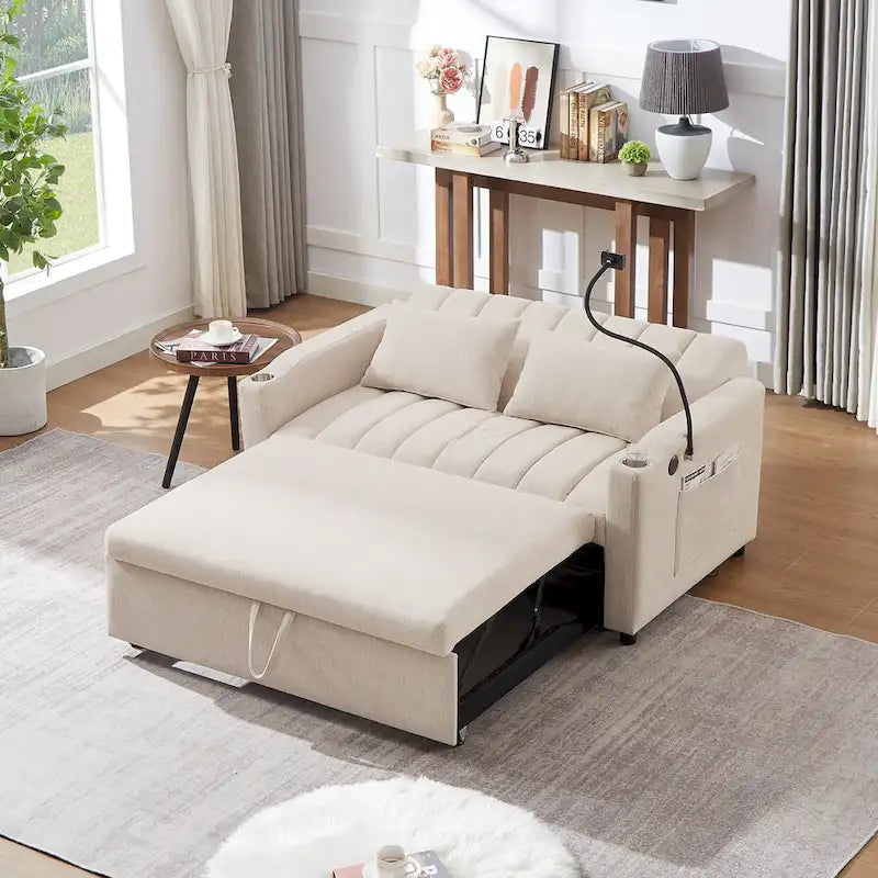 Convertible Loveseat Sofa Bed with USB Ports and Cup Holders