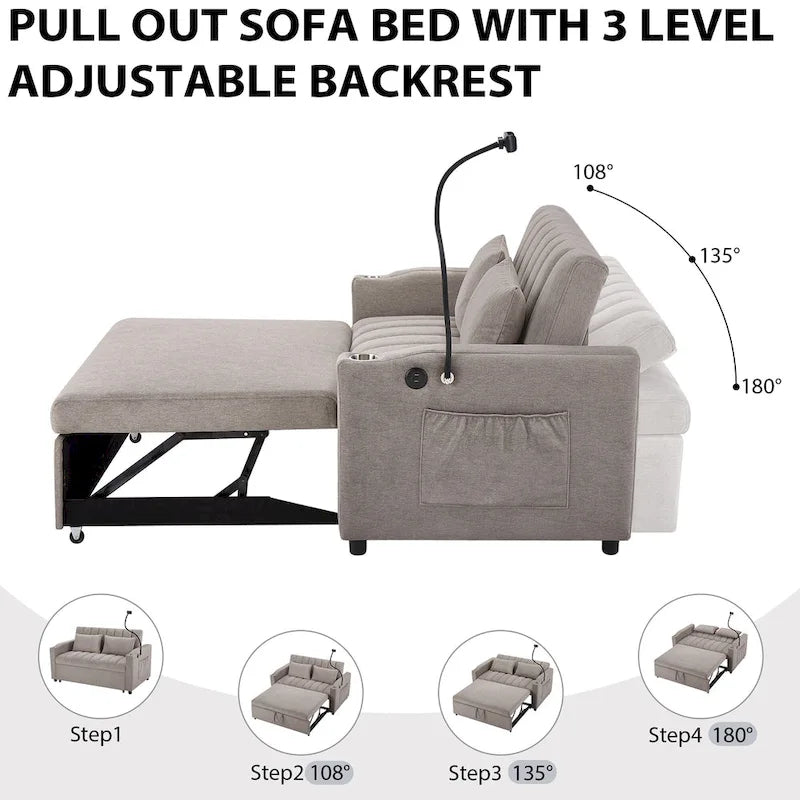 Convertible Loveseat Sofa Bed with USB Ports and Cup Holders