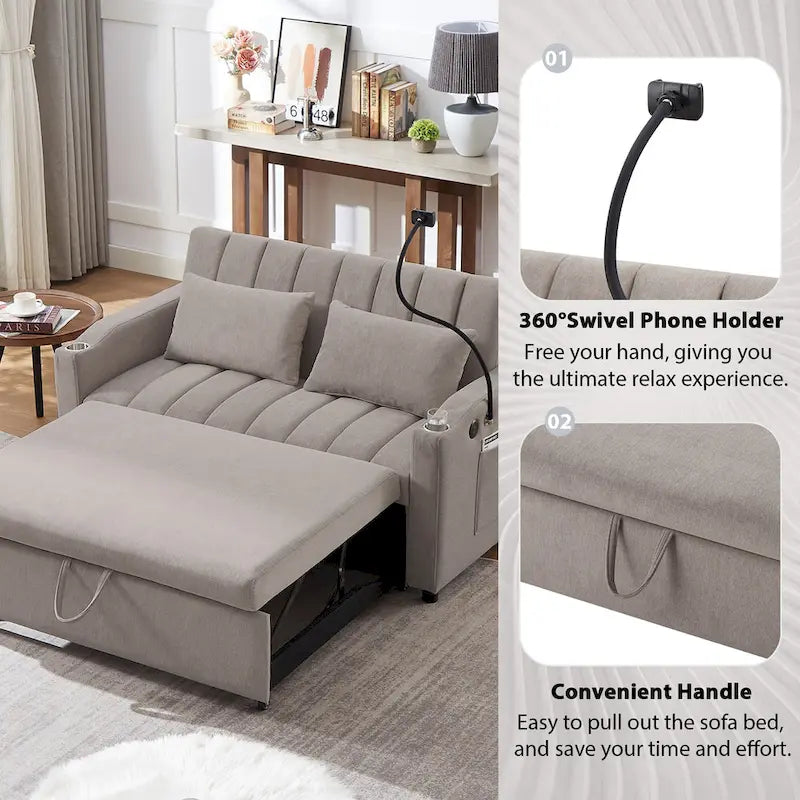 Convertible Loveseat Sofa Bed with USB Ports and Cup Holders