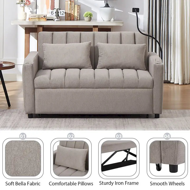 Convertible Loveseat Sofa Bed with USB Ports and Cup Holders