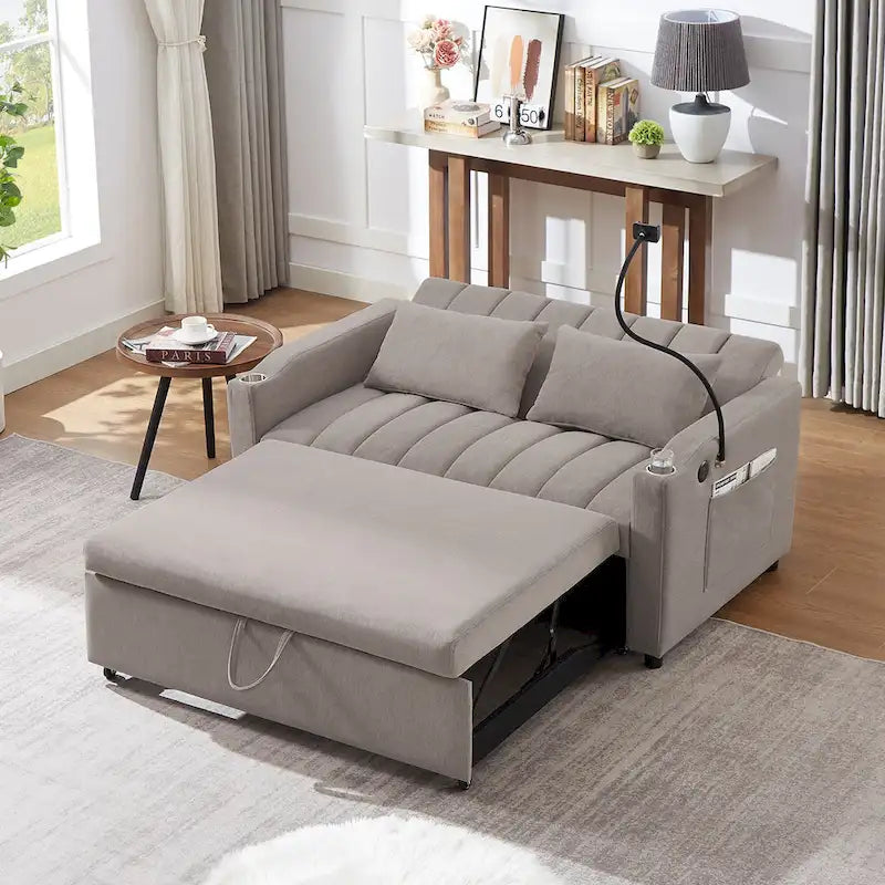 Convertible Loveseat Sofa Bed with USB Ports and Cup Holders