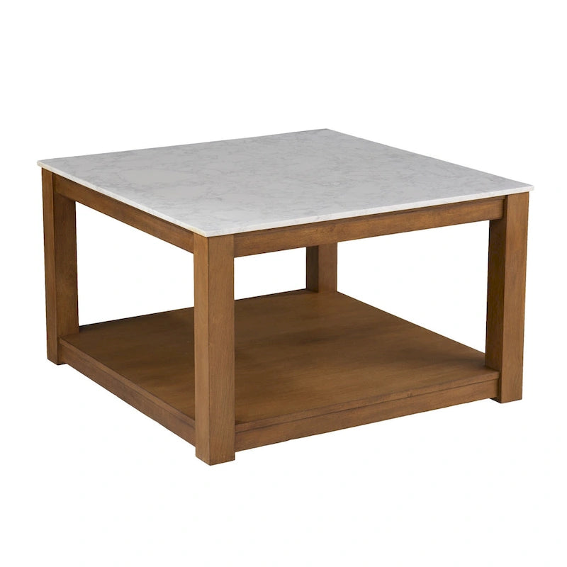 Mesa de centro cuadrada de imitación mármol con estante de madera