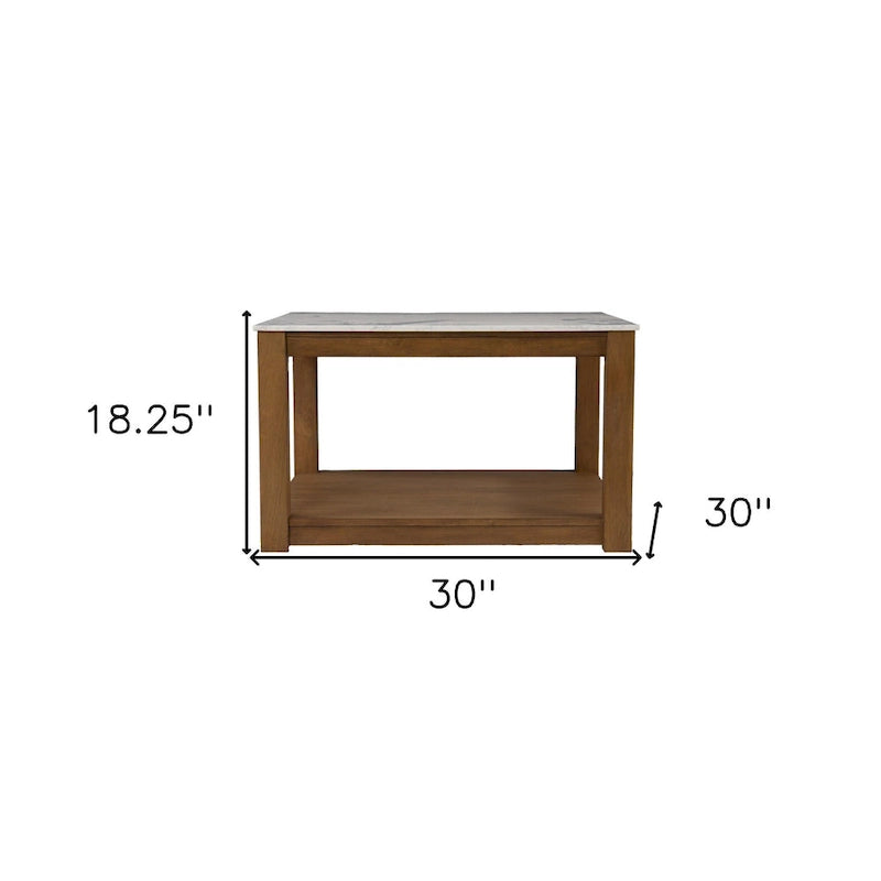 Quadratischer Couchtisch in Marmoroptik mit Ablageboden aus Holz