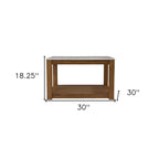 Quadratischer Couchtisch in Marmoroptik mit Ablageboden aus Holz