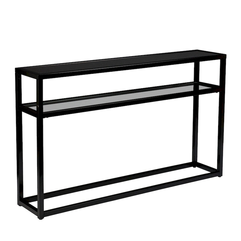 Mesa de consola de cristal negro con estructura y estante de metal