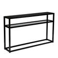 Mesa de consola de cristal negro con estructura y estante de metal