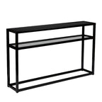 Mesa de consola de cristal negro con estructura y estante de metal