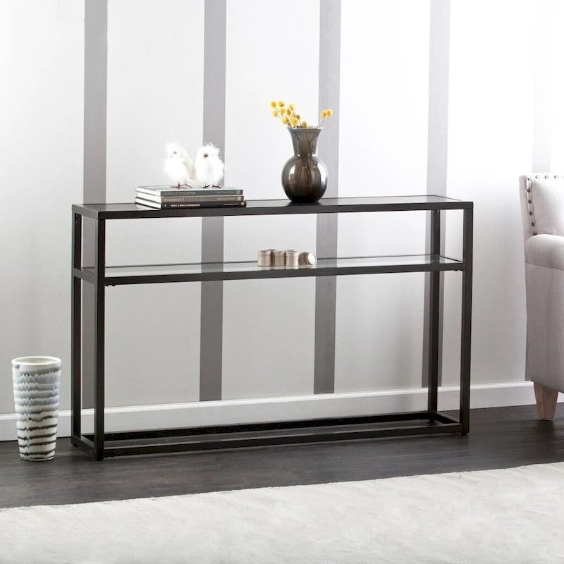 Mesa de consola de cristal negro con estructura y estante de metal