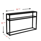 Mesa de consola de cristal negro con estructura y estante de metal