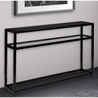 Mesa de consola de cristal negro con estructura y estante de metal