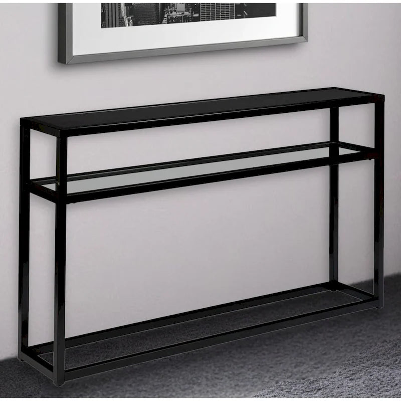 Mesa de consola de cristal negro con estructura y estante de metal