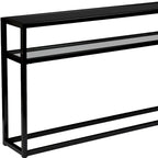 Mesa de consola de cristal negro con estructura y estante de metal