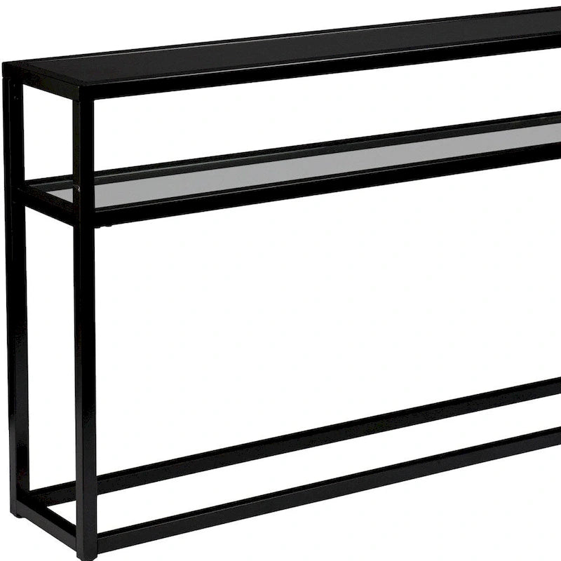 Mesa de consola de cristal negro con estructura y estante de metal