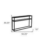 Mesa de consola de cristal negro con estructura y estante de metal