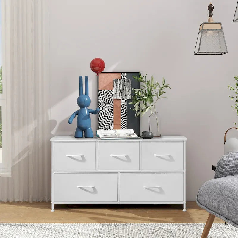Modern 5-Drawer Chest of Drawers with Fabric Bin, Steel Frame, Wood Top for Bedroom, Entryway