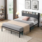 Lit plateforme en métal grand format avec tête de lit en bois et rangement sous le lit