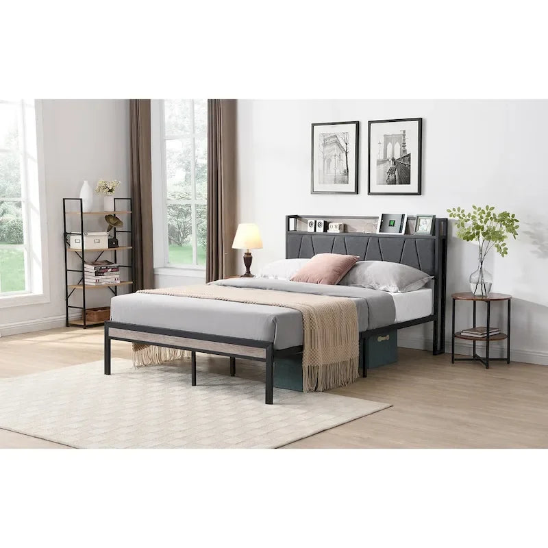 Cama de plataforma de metal de tamaño completo con cabecero de madera y almacenamiento debajo de la cama