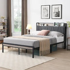 Lit plateforme en métal grand format avec tête de lit en bois et rangement sous le lit