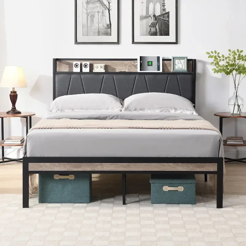 Cama de plataforma de metal de tamaño completo con cabecero de madera y almacenamiento debajo de la cama