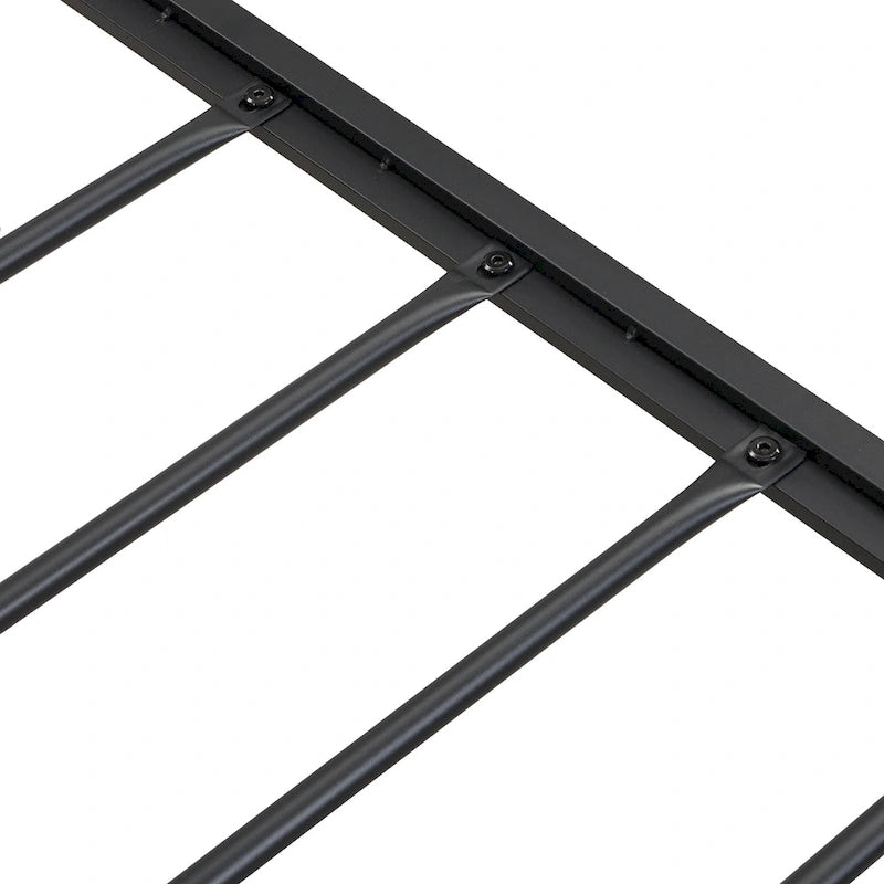 Cama de plataforma de metal de tamaño completo con cabecero de madera y almacenamiento debajo de la cama