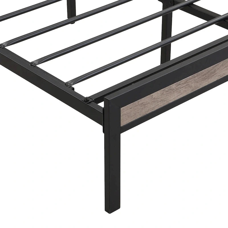 Lit plateforme en métal grand format avec tête de lit en bois et rangement sous le lit