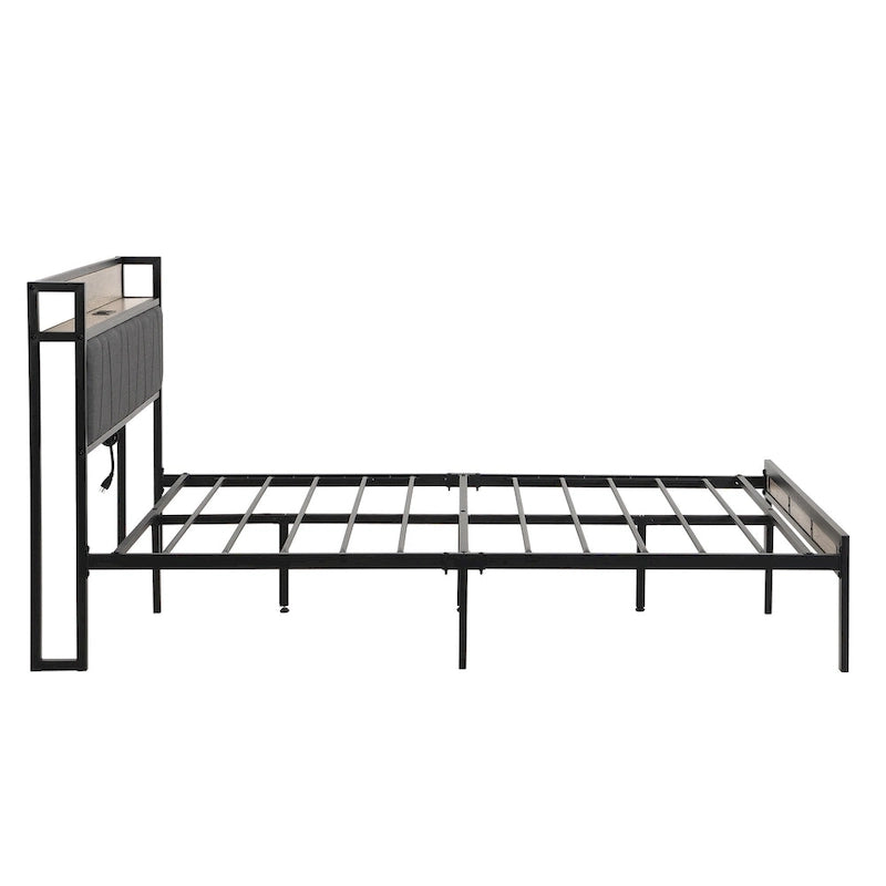 Lit plateforme en métal grand format avec tête de lit en bois et rangement sous le lit